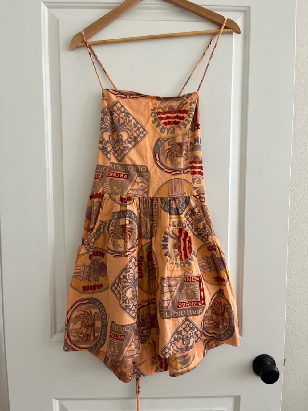 Damson Madder Women's Peaches Mini Apron Dress in Papaya Holiday Print US10 UK14 - Picture 2 of 8